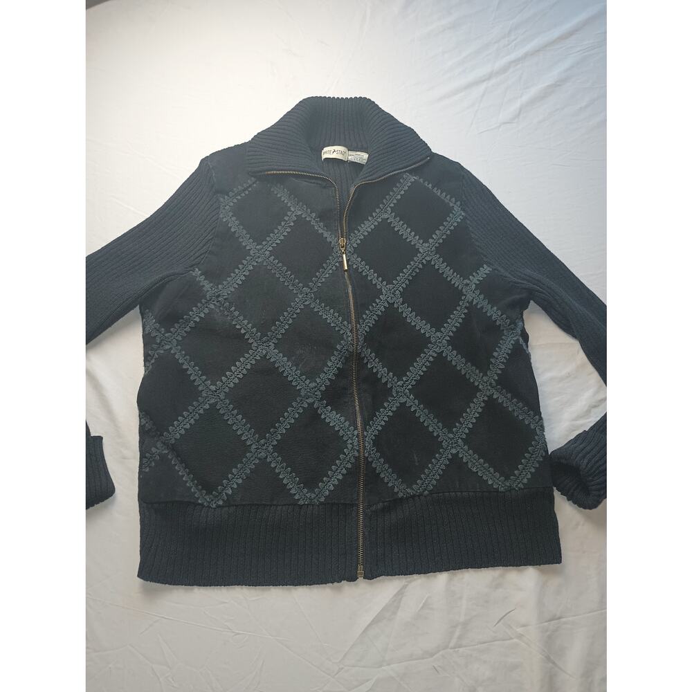 Vintage White Stag‎ Leather Patchwork Knit Full Zip Sweater Women XL *flawed*